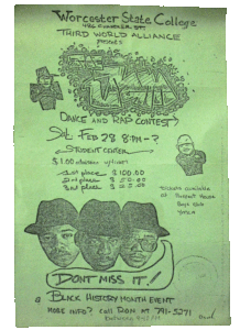 Green flyer for a dance and rap contest at Worcester State College, presented by Third World Alliance, featuring an event date, ticket prices, drawings, and contact information.