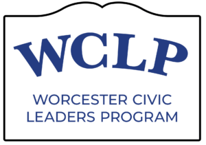 Logo with the acronym "WCLP" in large blue letters above the text "Worcester Civic Leaders Program" on a white, sign-shaped background.