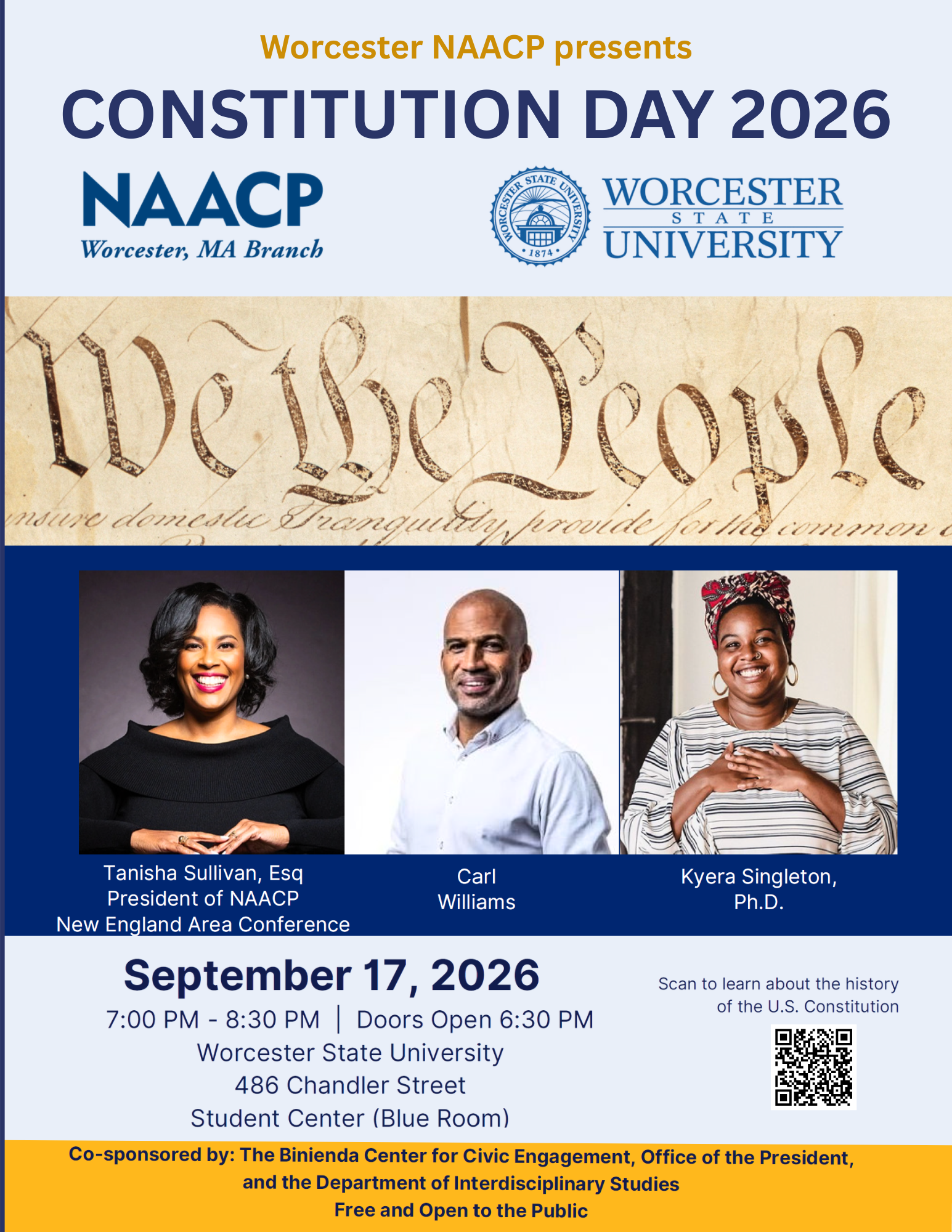 Event flyer for Constitution Day 2026 at Worcester State University, featuring guest speakers and event details with images of three speakers.