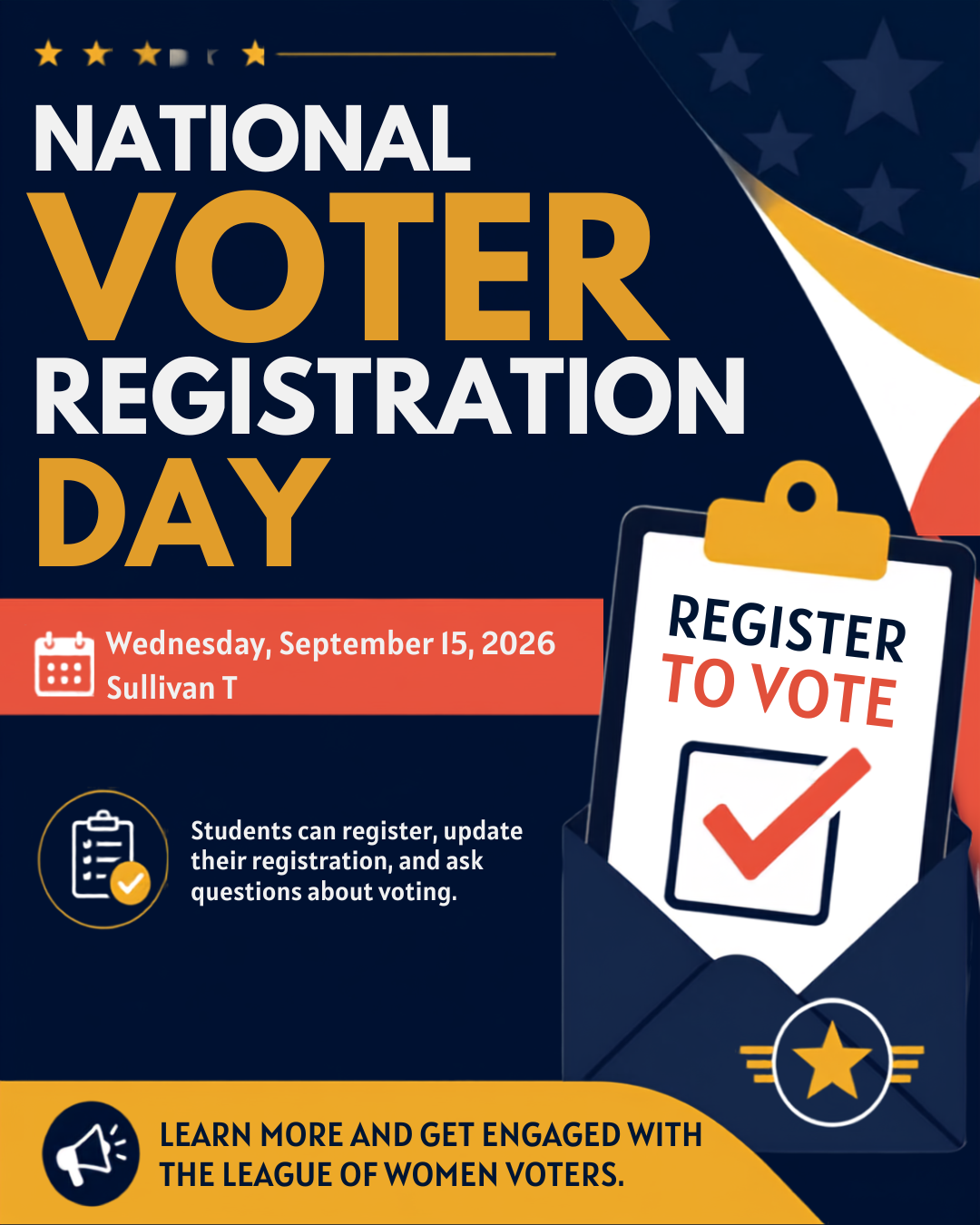 National Voter Registration Day flyer with date, registration reminders, and a “Register to Vote” checklist inside an envelope, encouraging student participation.