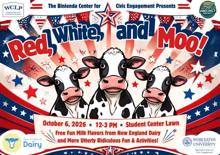 Three cartoon cows stand in front of a patriotic red, white, and blue background, promoting a dairy event called “Red, White, and Moo!” at Worcester State University on October 6, 2026.