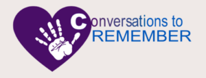 Logo for Conversations to Remember featuring a purple heart containing a white handprint.