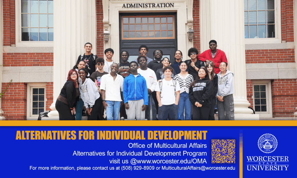 A diverse group of young adults stands smiling on the steps of a brick building labeled Administration. A banner below reads Alternatives for Individual Development with 91�첥 contact information.