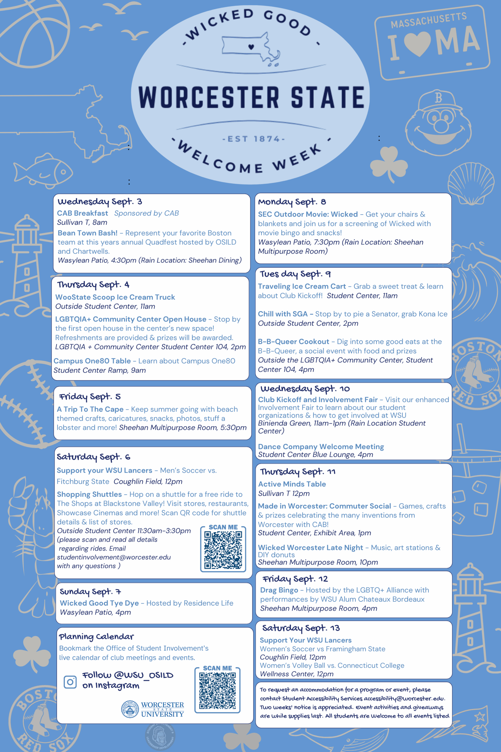 Blue Welcome Week schedule poster for Worcester State University, listing daily events from Sept. 3–9, 2025, with event times, locations, QR codes, and playful illustrated icons like fish, books, and sports gear.