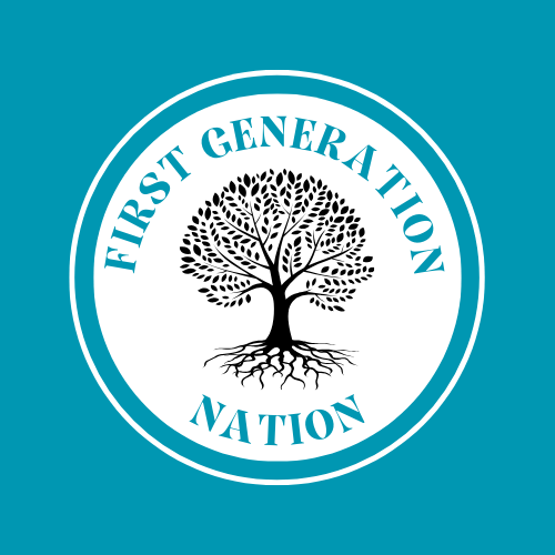 A circular logo with a black tree and roots in the center. Around the tree, blue text reads FIRST GENERATION NATION on a white background with a blue outer ring. The background is teal.