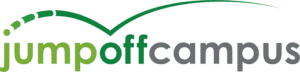JumpOffCampus logo with "jump" in light green, "off" in dark green, "campus" in gray, and a green arched line above representing a jump.