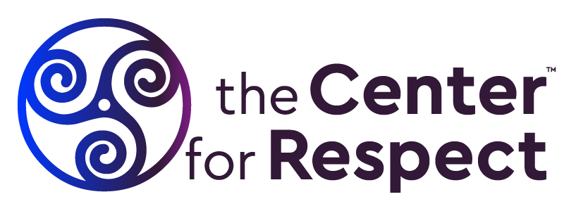 Logo with three blue swirls in a circle next to the words “the Center for Respect” in bold and regular fonts on a light background.