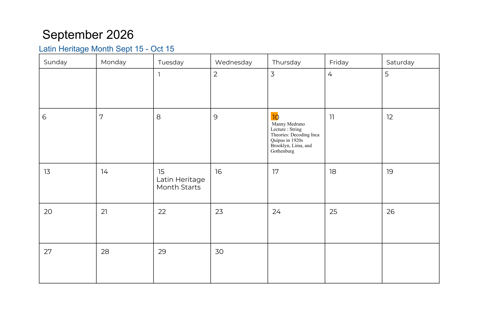 September 2026 calendar highlighting Latin Heritage Month starting on the 15th and an event on the 16th about Inca uprisings, with all other days blank.