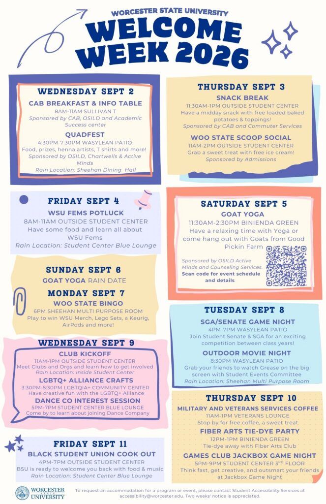 Colorful event schedule listing daily activities for Worcester State University Welcome Week 2026, including dates, times, locations, and descriptions for campus events September 2–9.