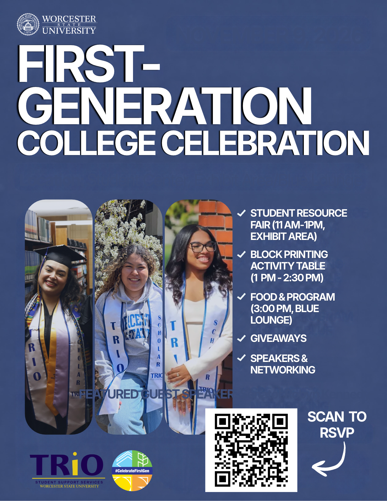 Poster for the Worcester State University First-Generation College Celebration, listing event activities, a schedule, and a QR code to RSVP.