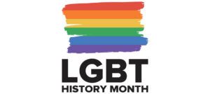 LGBT History Month logo featuring a paint-brush style rainbow pride flag above bold black text.