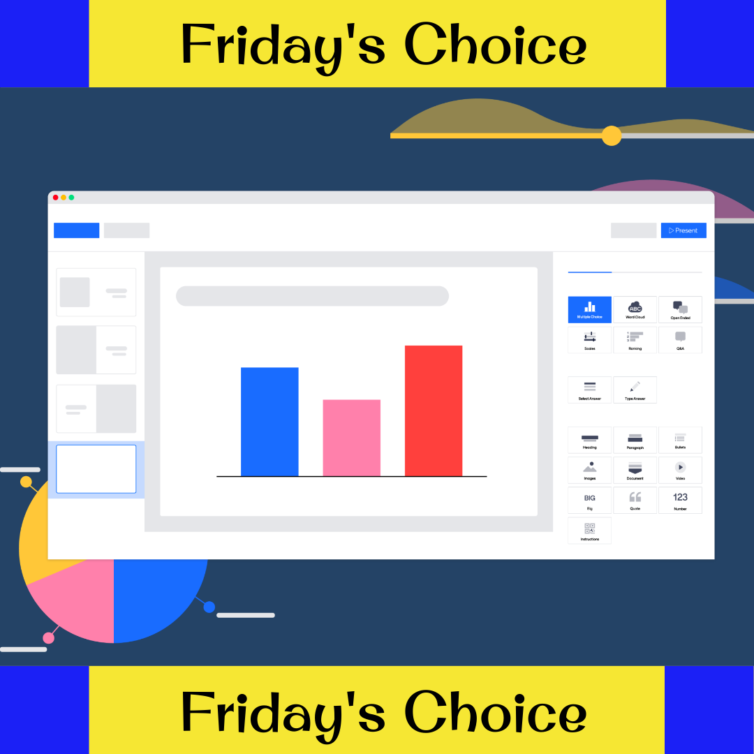 yellow and blue banner that reads Friday's Choice" on the top and bottom of the image. a navy blue background with a photo on top of an animated webpage with a bar chart.