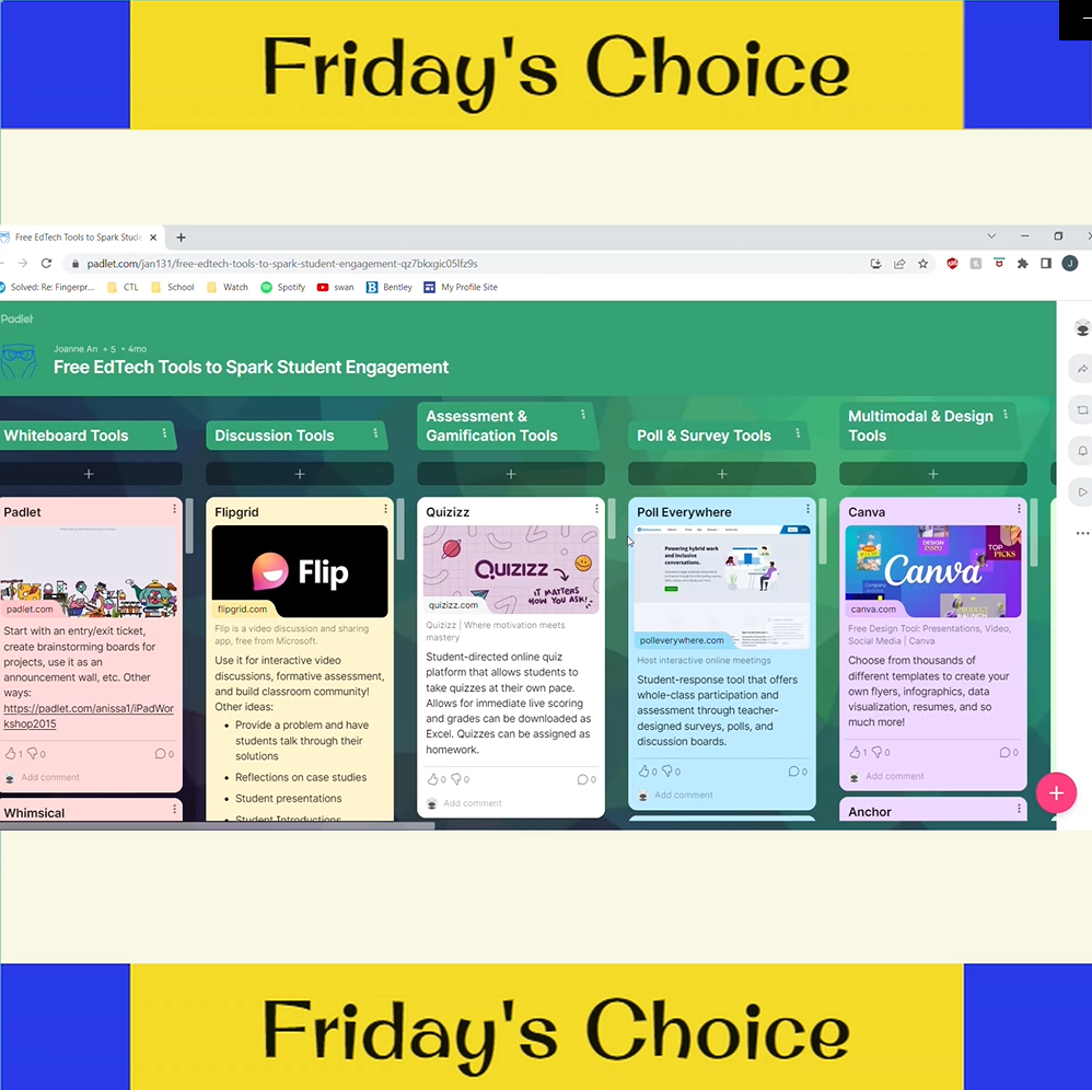 yellow and blue banner that reads "Friday's Choice" on the top and bottom of the image. In the center is a screenshot of a web browser, green top with five rectangular sections.