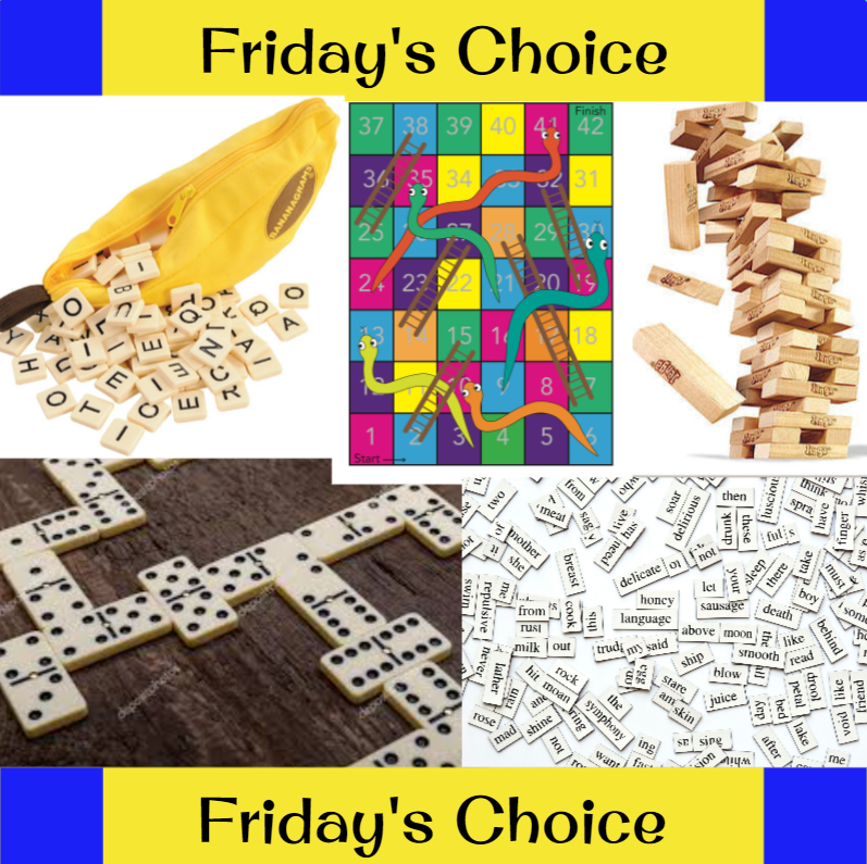 yellow and blue text banner that reads "Friday's Choice" on the top and bottom of the image. picture of childhood games: Bananagrams, Snakes and Ladders, Jenga, Dominos, and Magnetic Poetry