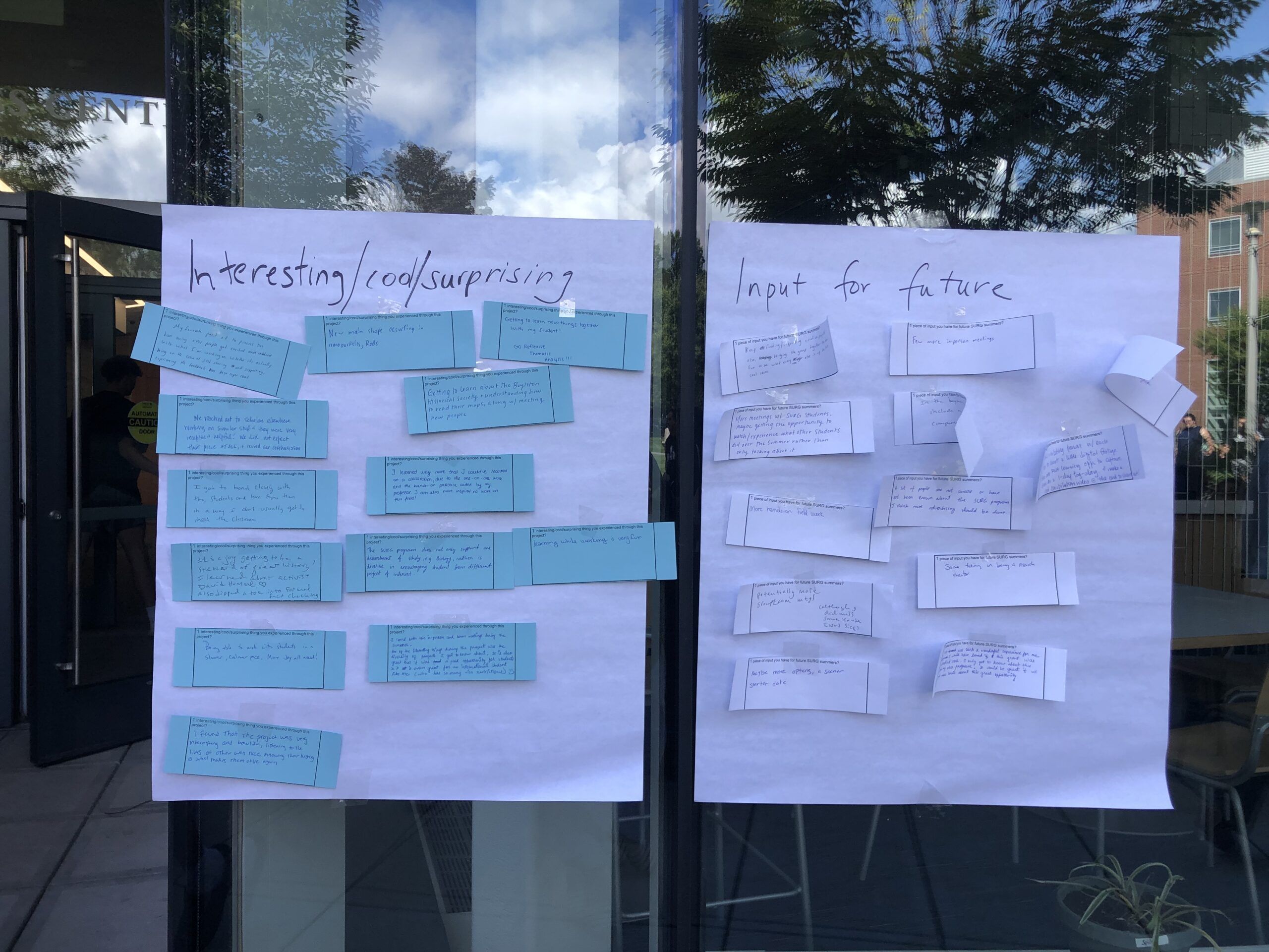 Two white pages taped to a window. The page on the left is titled "Interesting/cod/Surprising" with many light blue rectangle strips of paper taped on the white page. The page on the right is titled "Input for Future" with white stripes on paper taped on the page.