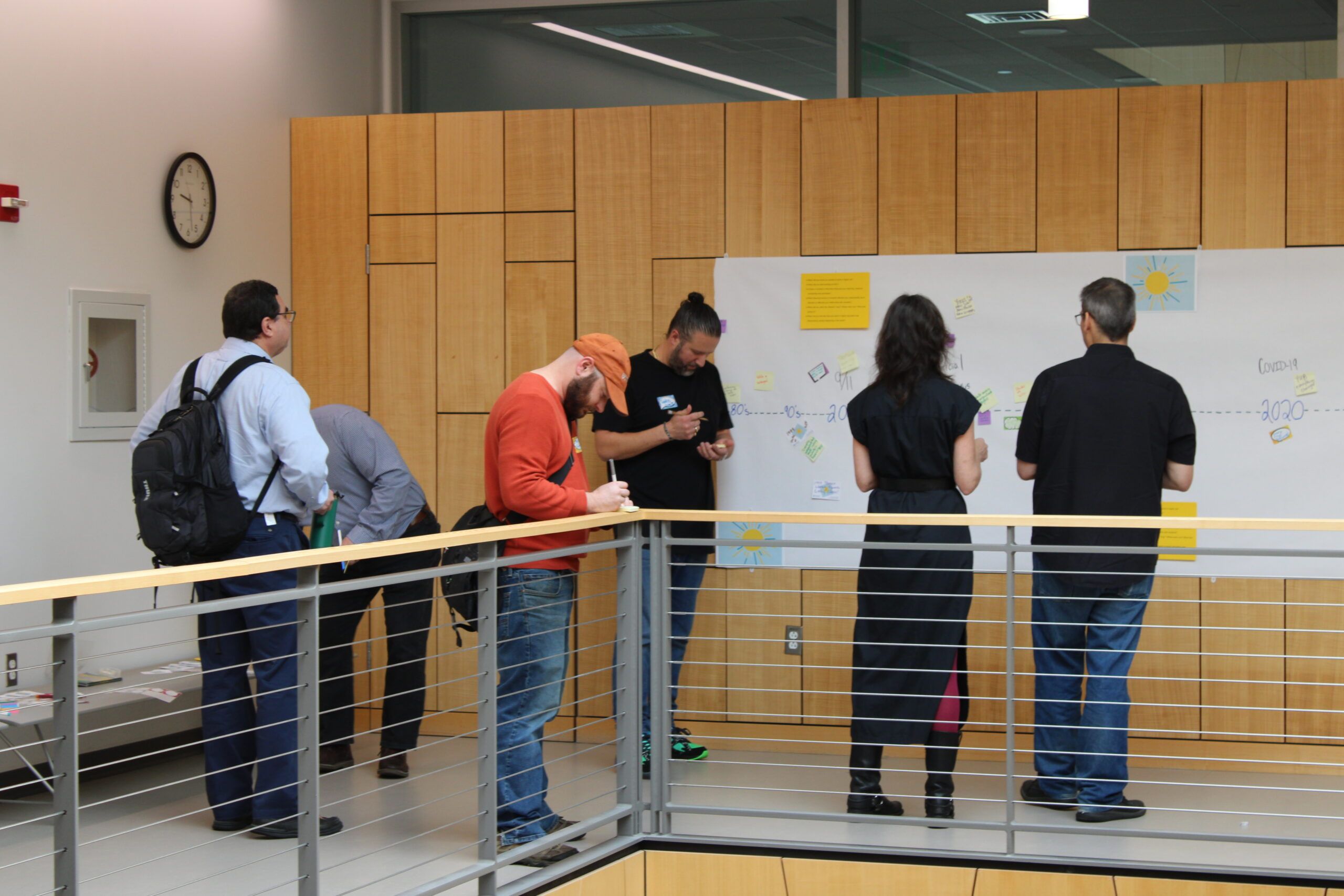 6 faculty standing in hallway with backs mostly facing looking at large banner mounted on wall with a timeline and placing sticky notes