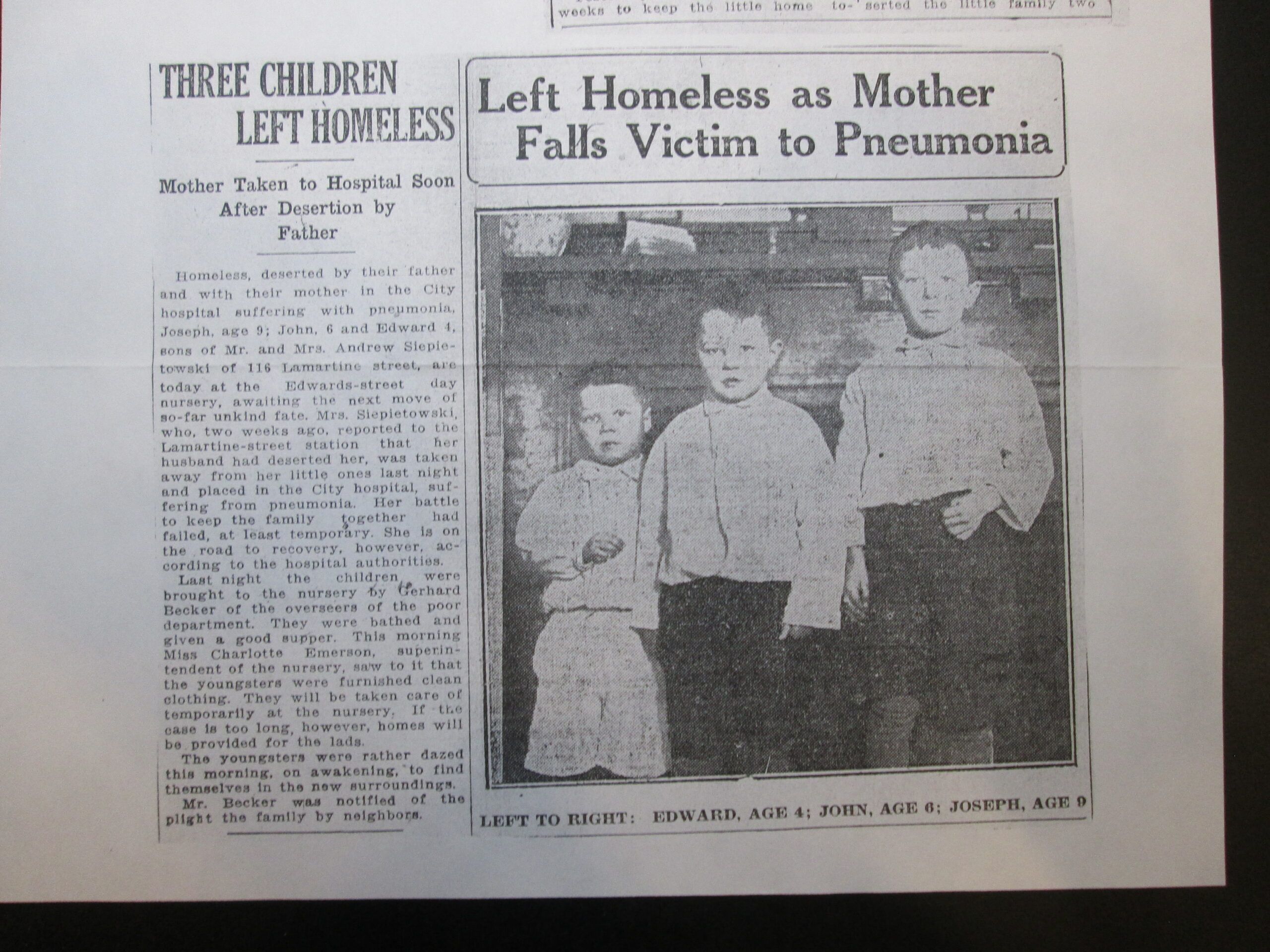 Newspaper clipping with photo of three boys—Edward (4), John (6), and Joseph (9)—featured in headlines about children left homeless after their mother died of pneumonia, used in the Summer Undergrad Research Grant Program.