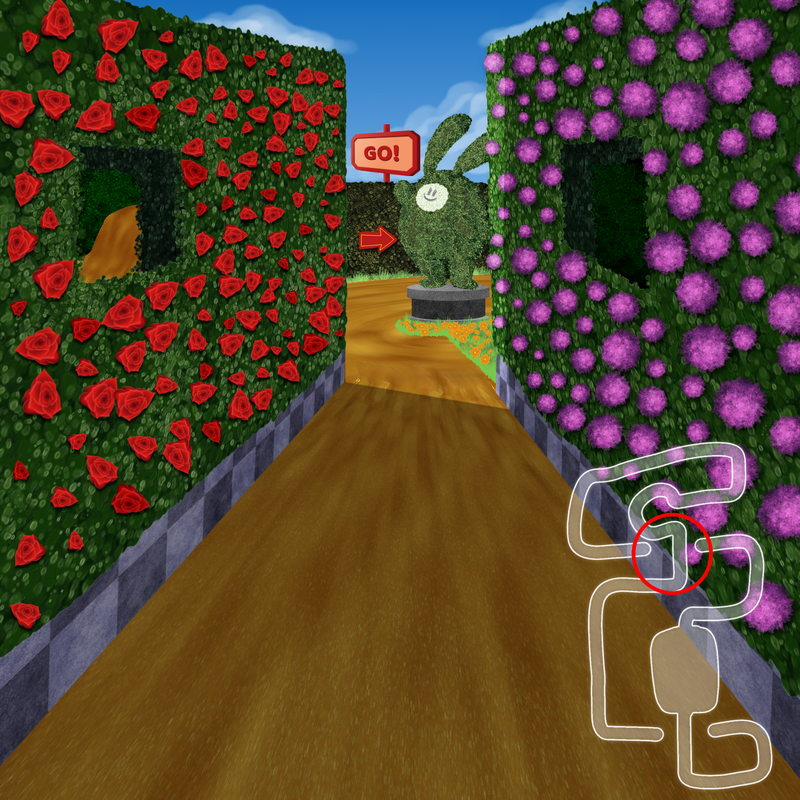 First person video game with a path leading out of an ivy maze, featuring a map in the lower right corner