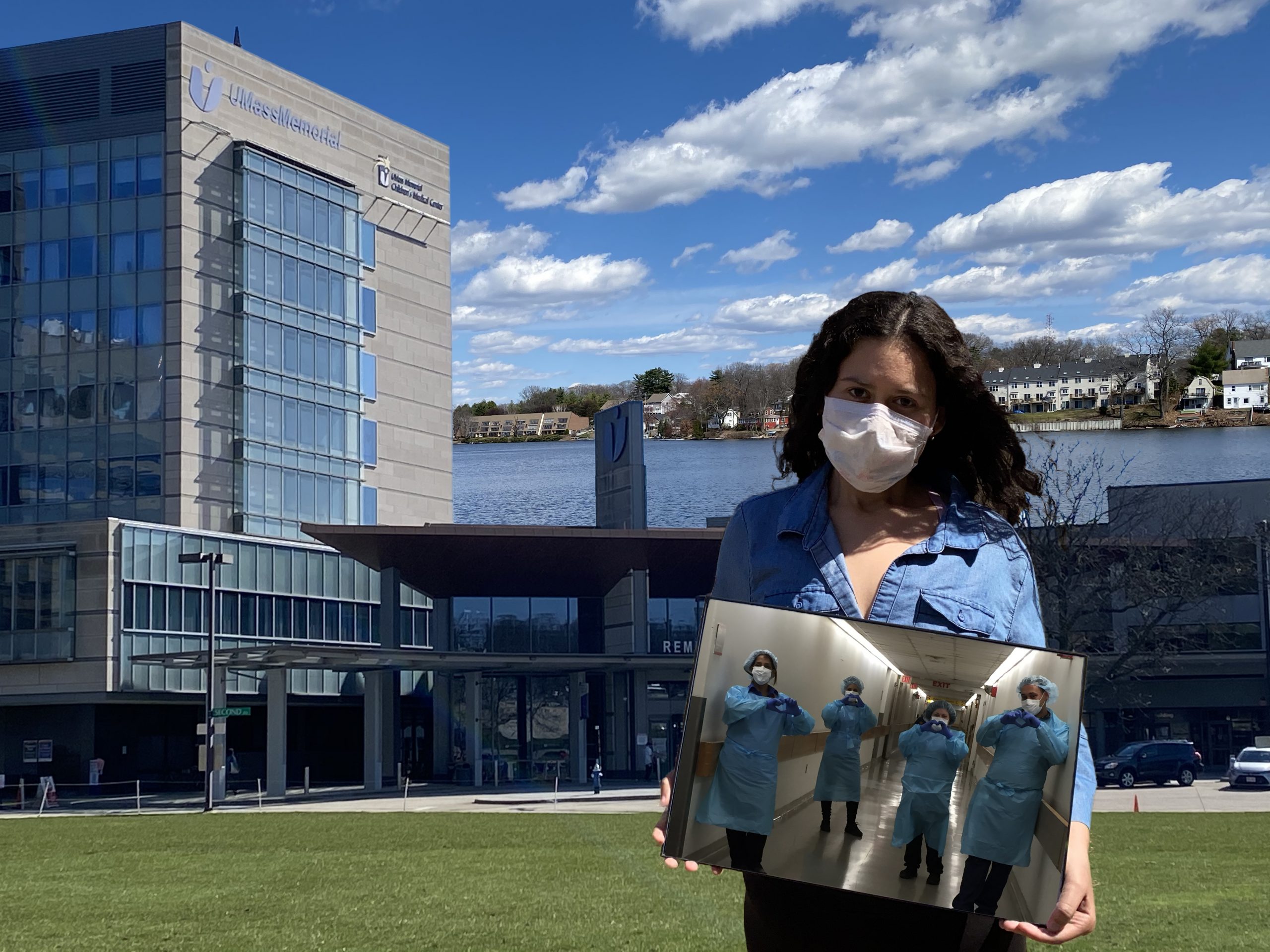 Photoshopped graphic of woman outside of hospital, heading small TV screen displaying 4 nurses in scrubs