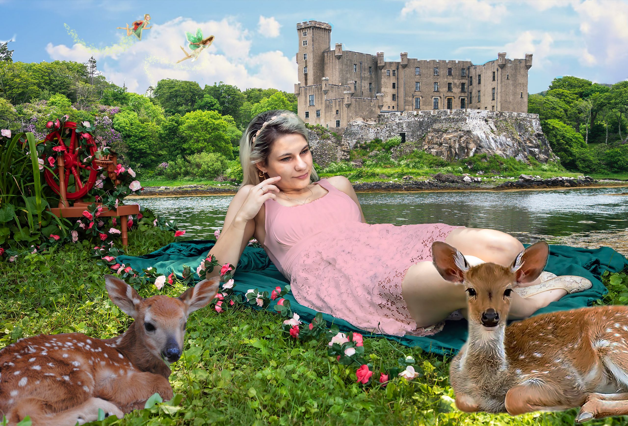 Photoshopped graphic of girl laying on a blanket besides a lake with two deer, with a caster and fairies behind her
