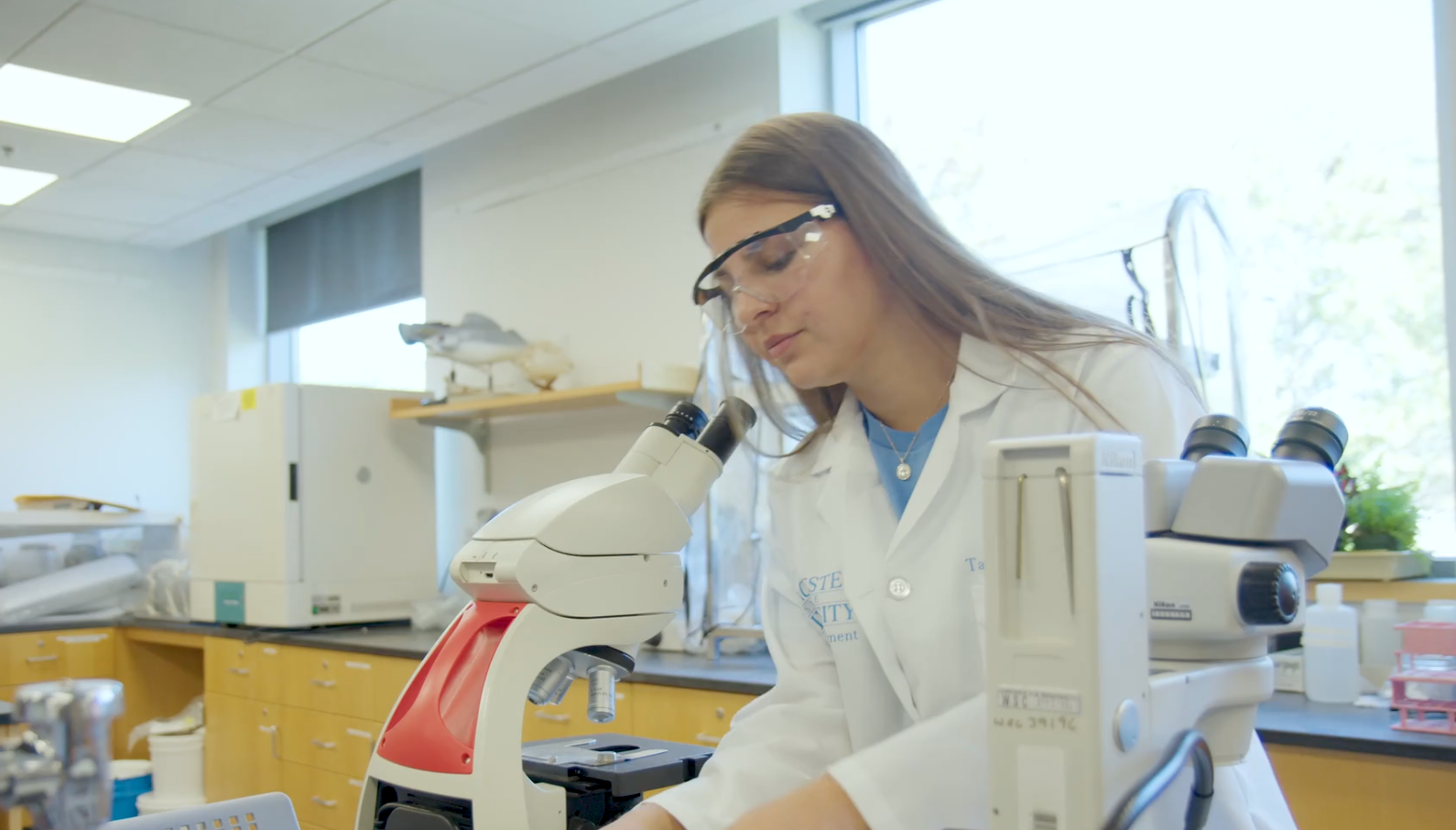 A woman in a lab coat and safety glasses works in a laboratory beside two microscopes, conducting important research for a Public Health Program.