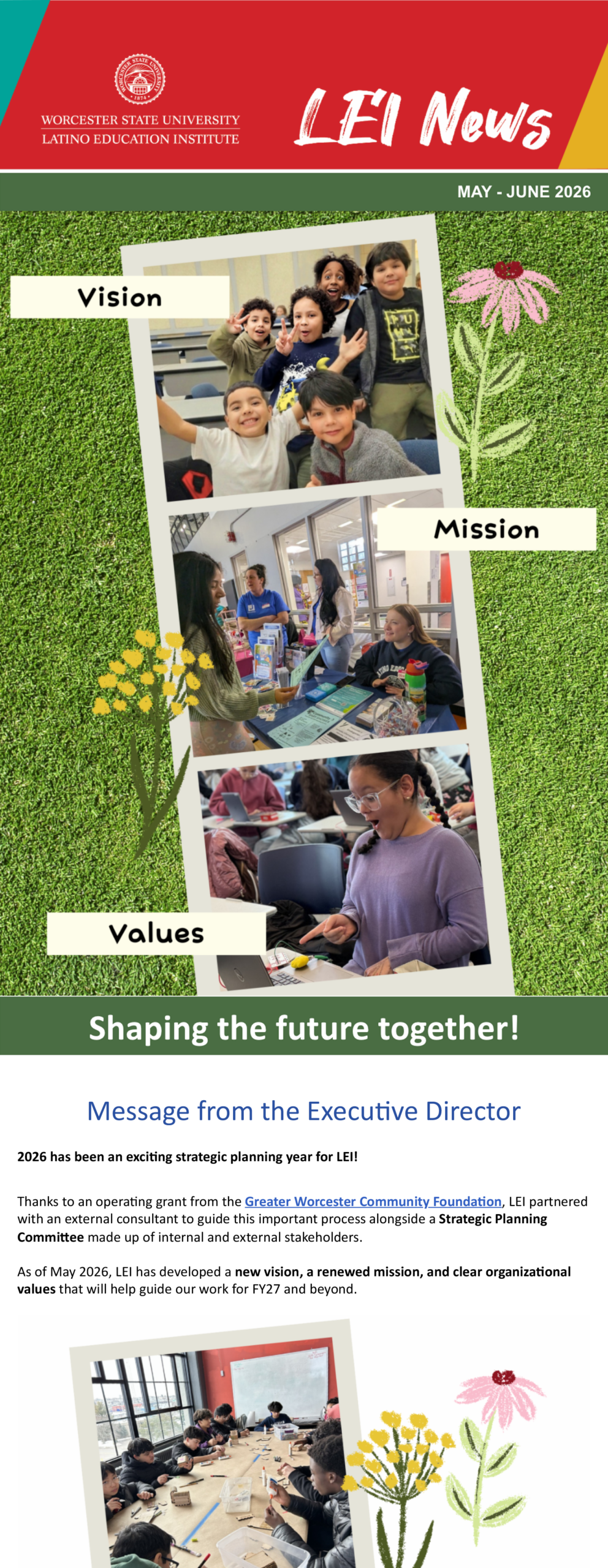 Newsletter page featuring children in a classroom, LEI News header, and sections labeled Vision, Mission, Values, plus a message from the Executive Director about strategic planning.