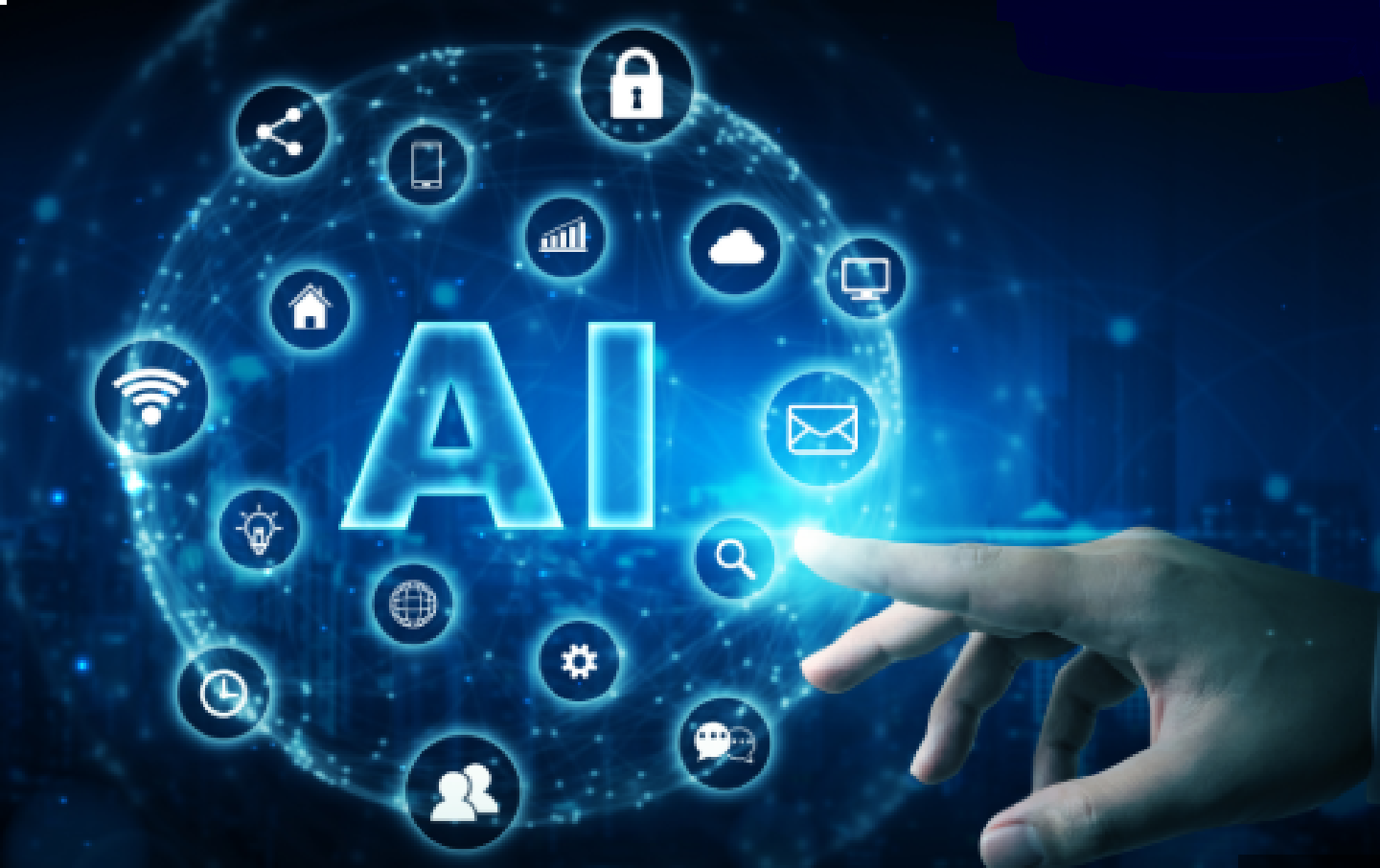 A hand points to a digital interface displaying "AI" surrounded by various technology icons on a blue background.