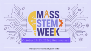 Event poster for Mass STEM Week, October 19-23, 2026, featuring icons of a lightbulb, gear, and circuit board patterns