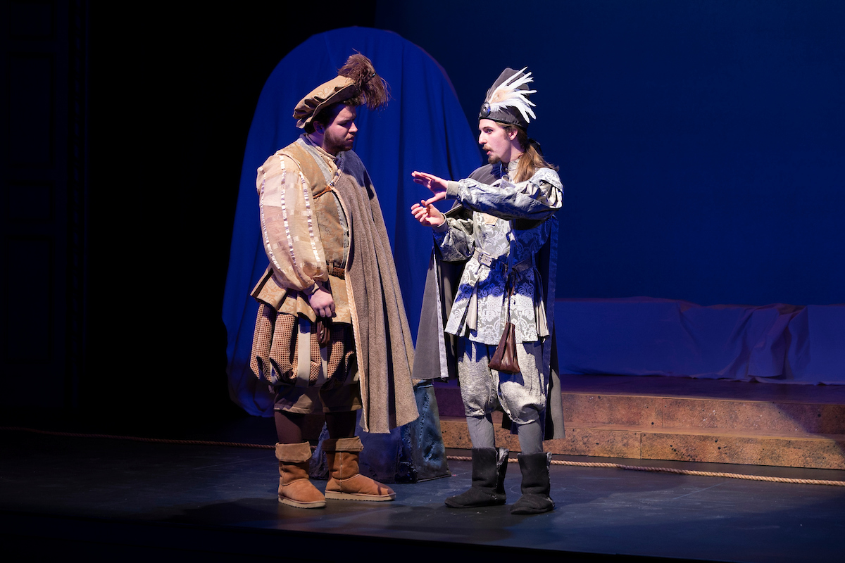 Worcester State's Samson Abdal-Khabir and Brent Leighton in the theatre production, "Rosencrantz and Guildenstern Are Dead"