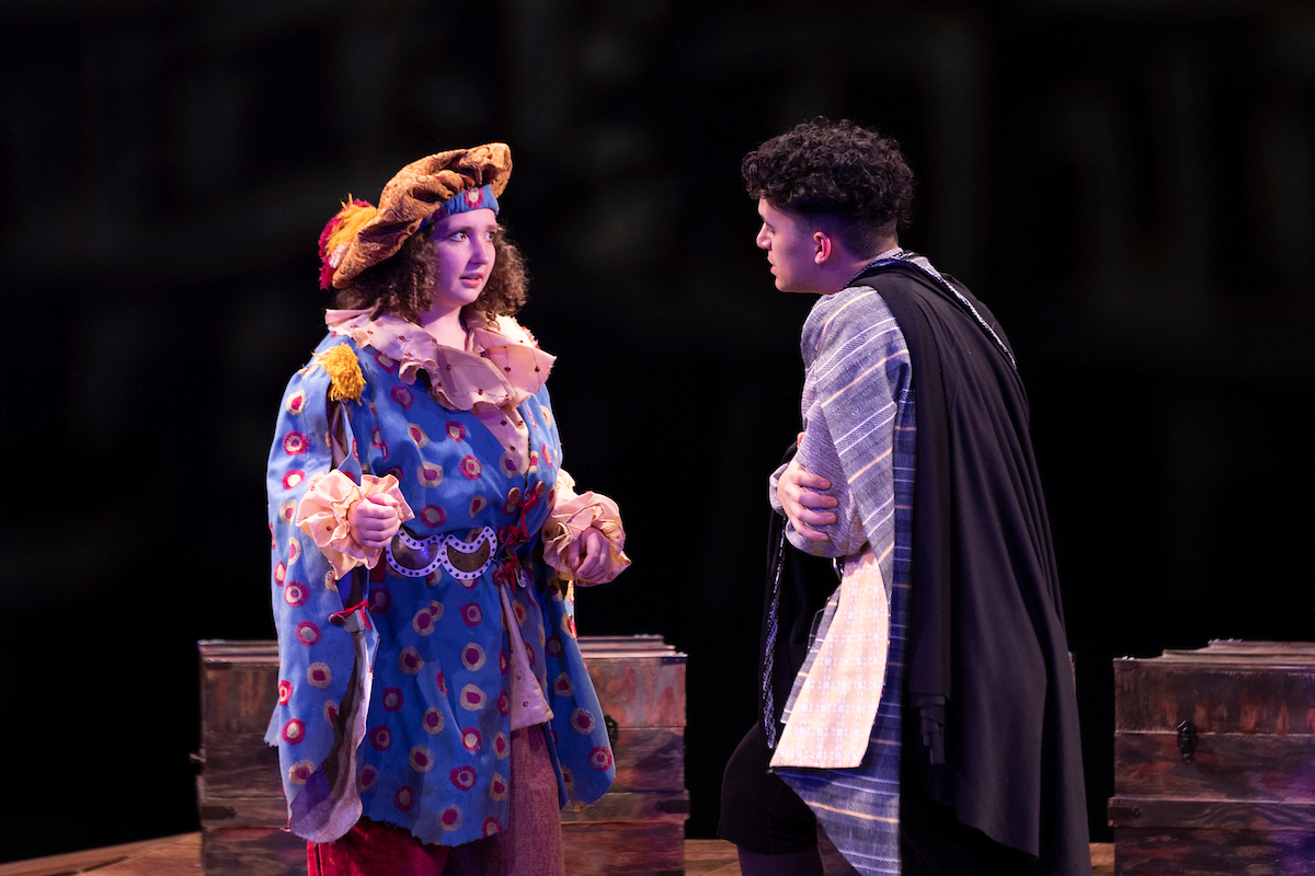 Worcester State students Brighid Campbell and Angel Sotomayor perform in "Rosencrantz and Guildenstern Are Dead" theatre production in Spring 2022