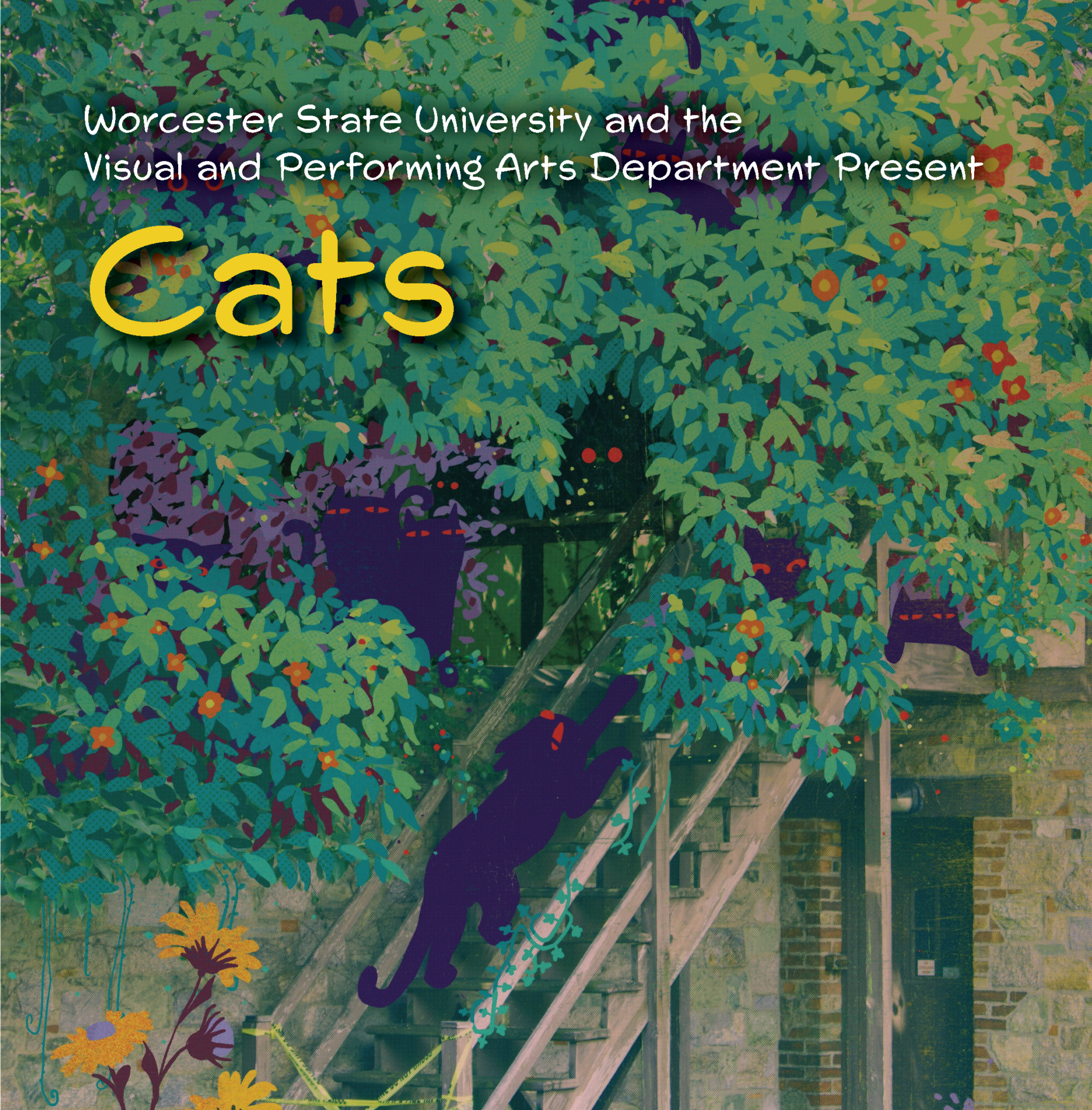 Poster for Worcester State University's "Cats" art exhibition, part of their Visual & Performing Arts Events, shows a person sitting on outdoor stairs surrounded by lush green foliage. Event runs May 28–June 27.