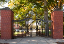 The front gates of the Worcester State campus