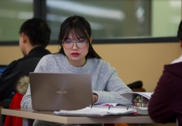 A Worcester State student looking at their laptop while sitting in a shared study space with fellow students