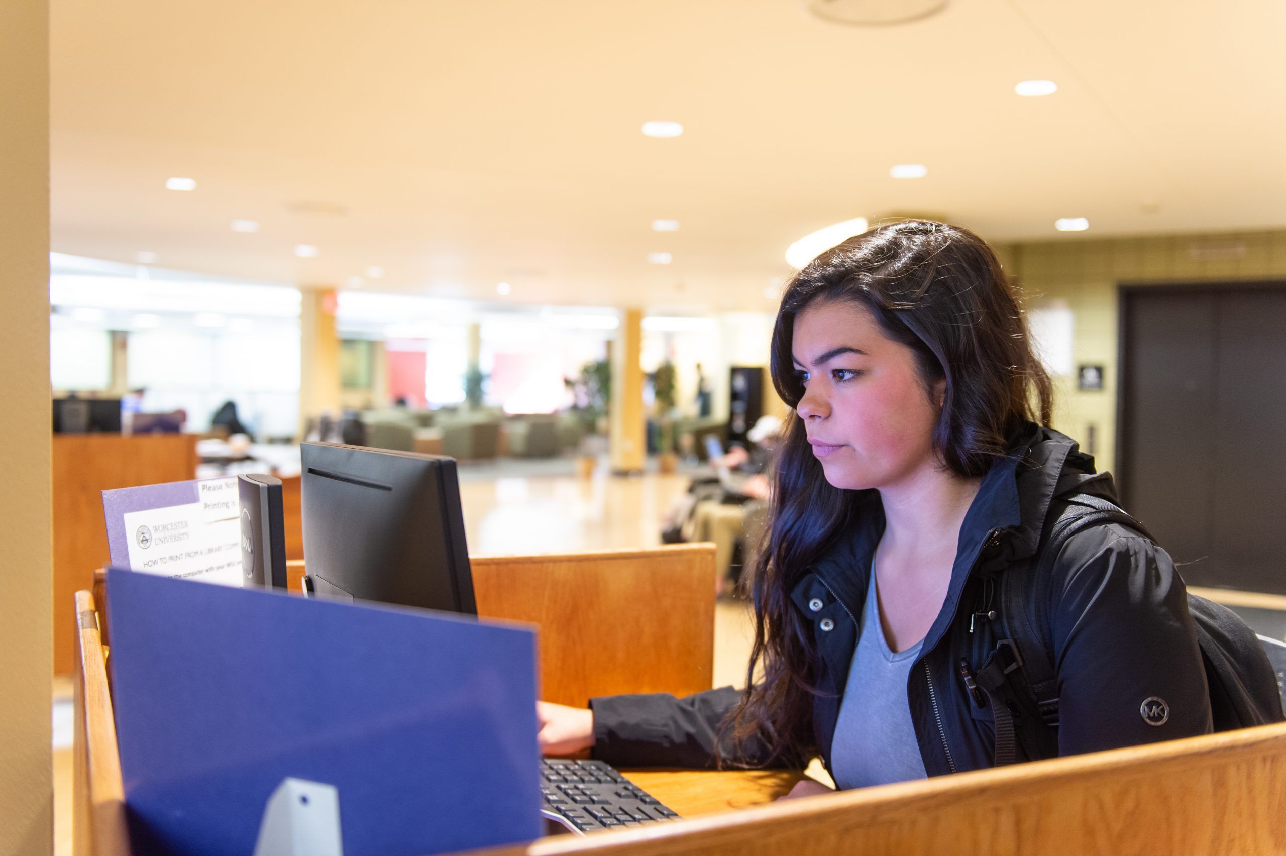 A student working at a library computer on campus