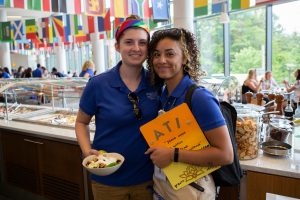Two Worcester State students at the dining hall on campus