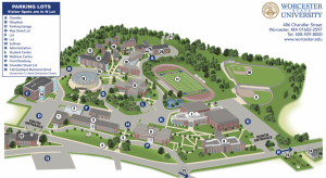 A cartoon map of the Worcester State University campus