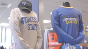Clothing displaying the Worcester State logo for sale at the bookstore