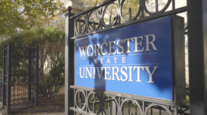 A sign for Worcester State University outside