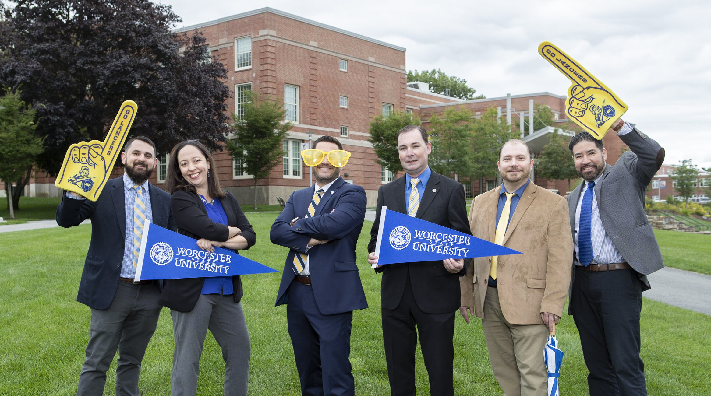 The admissions team at Worcester state representing Lancer pride