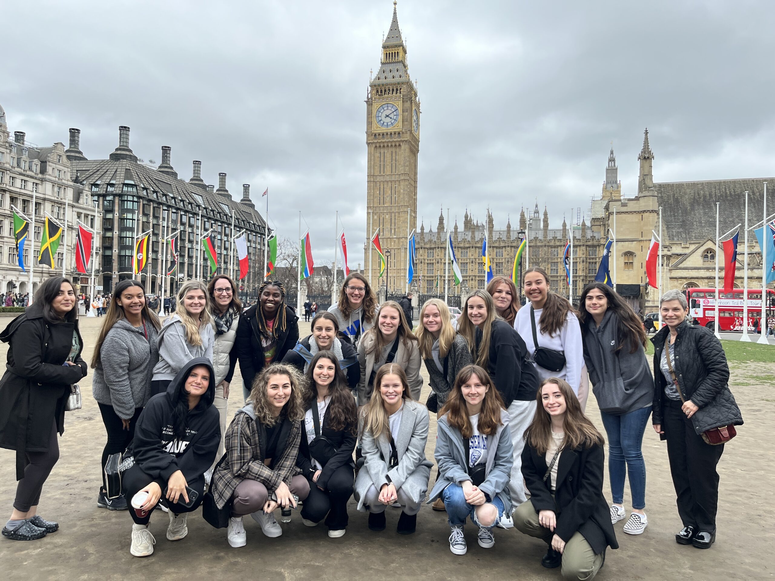 Students gathered in front of Big Ben in London, England