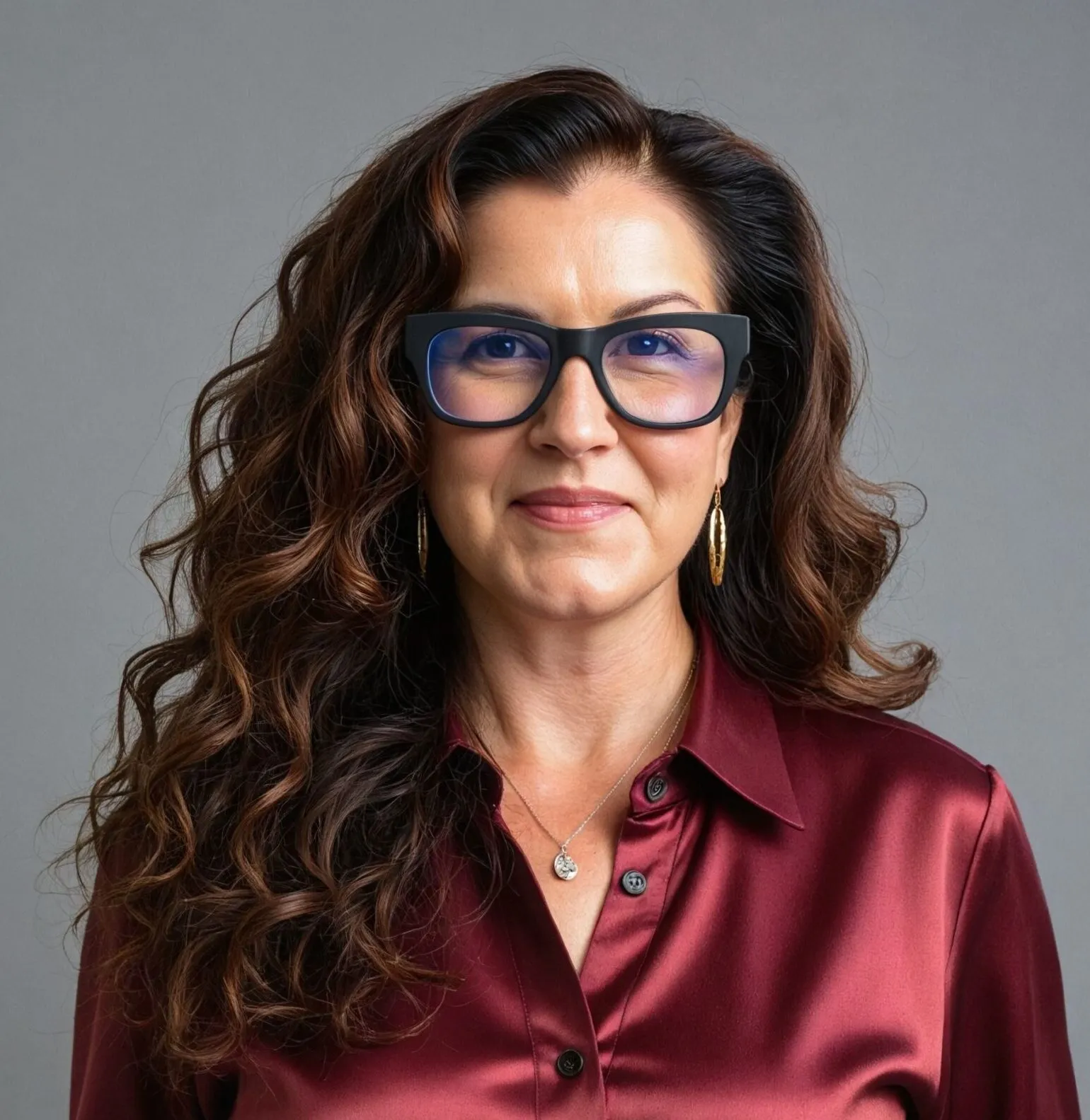 Woman with long wavy brown hair wearing large blue glasses, a burgundy satin blouse, and black pants stands against a plain gray background, looking at the camera and smiling slightly.