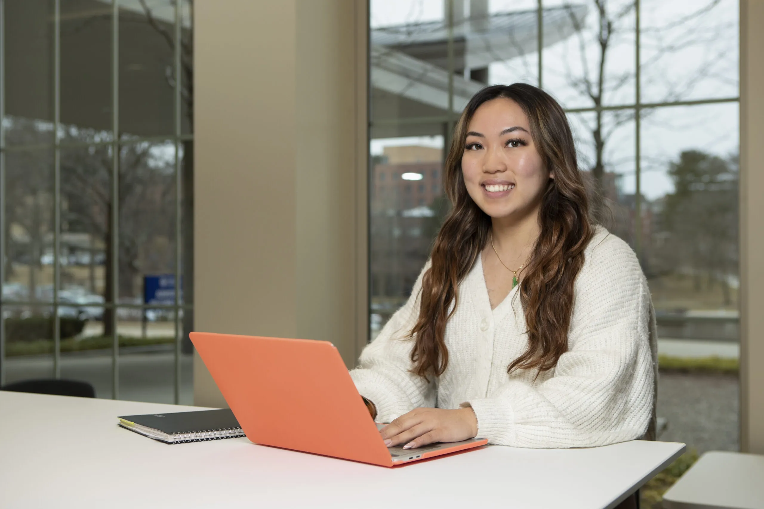 Graduate student Michelle Nguyen with laptop open