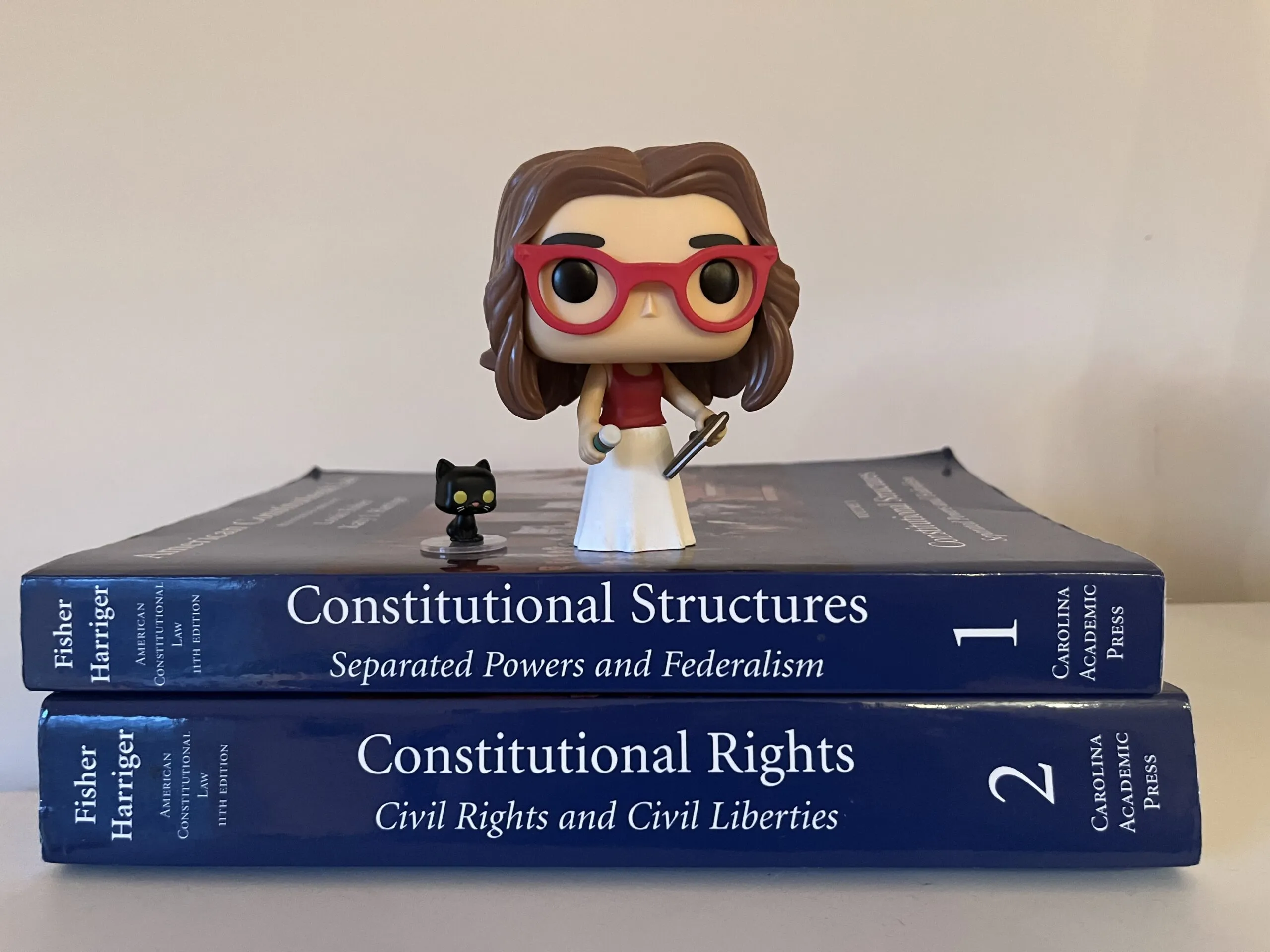 A Funko Pop figure stands on two stacked law books titled "Constitutional Structures" and "Constitutional Rights." A small black cat figure is also on the books.