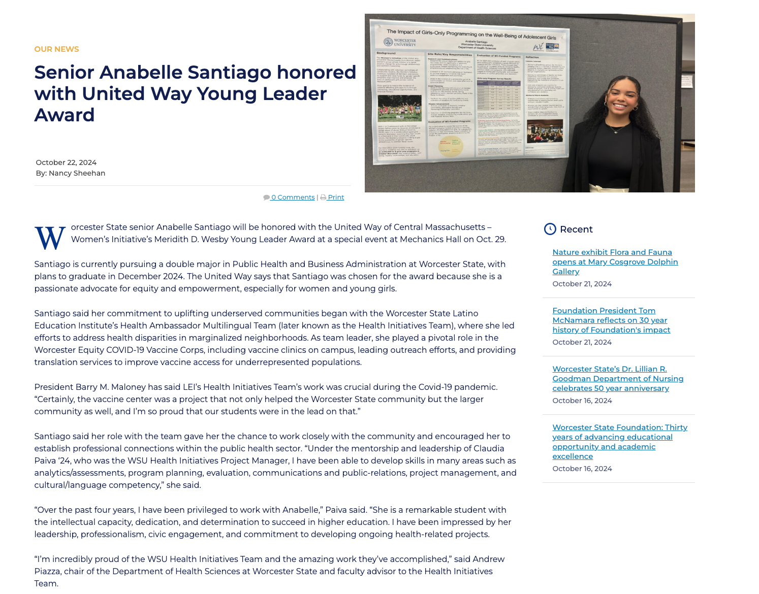 Anabelle Santiago stands by a research poster, smiling. The text discusses her receiving the United Way Young Leader Award for work in business administration and volunteerism.