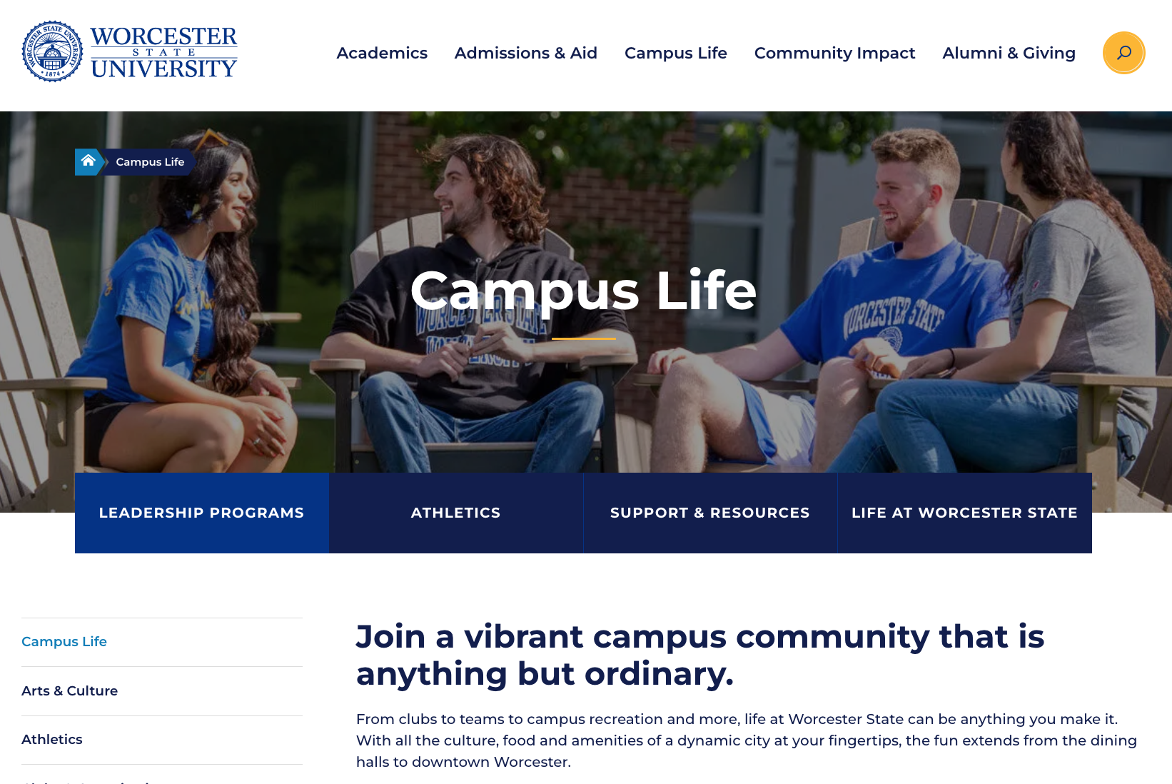 Three students sitting outdoors on a university campus, engaging in conversation. Text reads "Campus Life" and includes links to campus resources.