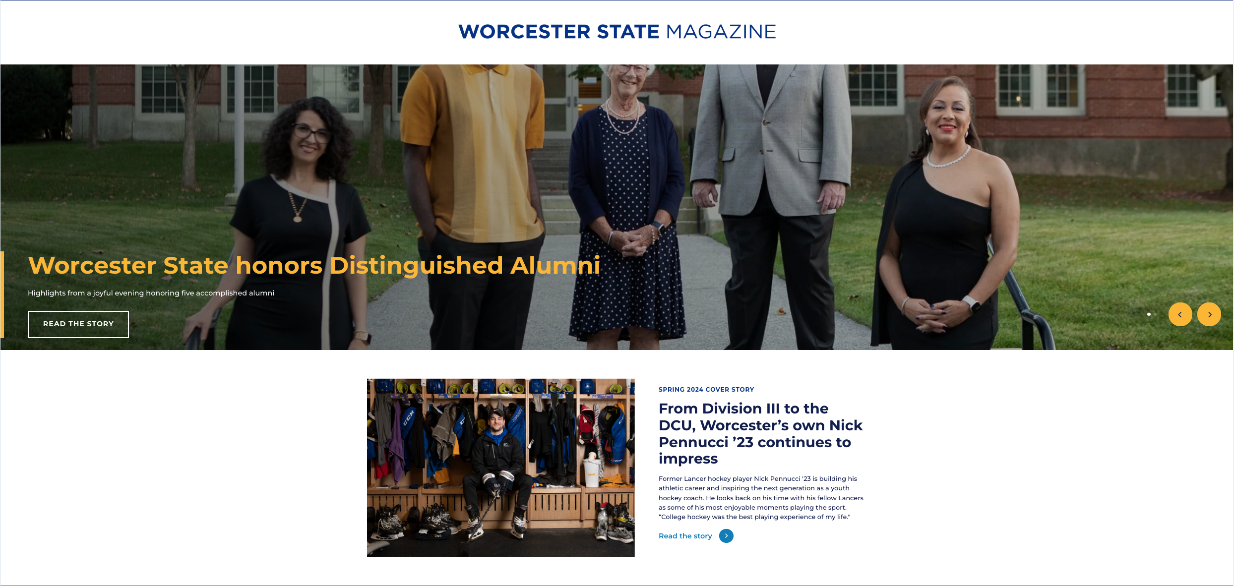 Group of people standing outdoors on the cover of Worcester State Magazine, with a headline about honoring distinguished alumni.