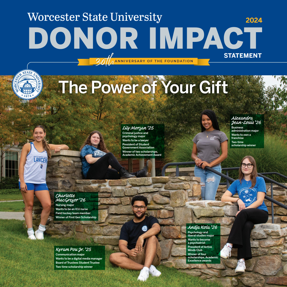 Group of five students from Worcester State University sitting and standing on stone steps, each with text highlighting their achievements and contributions. Banner reads "Donor Impact Statement 2024.