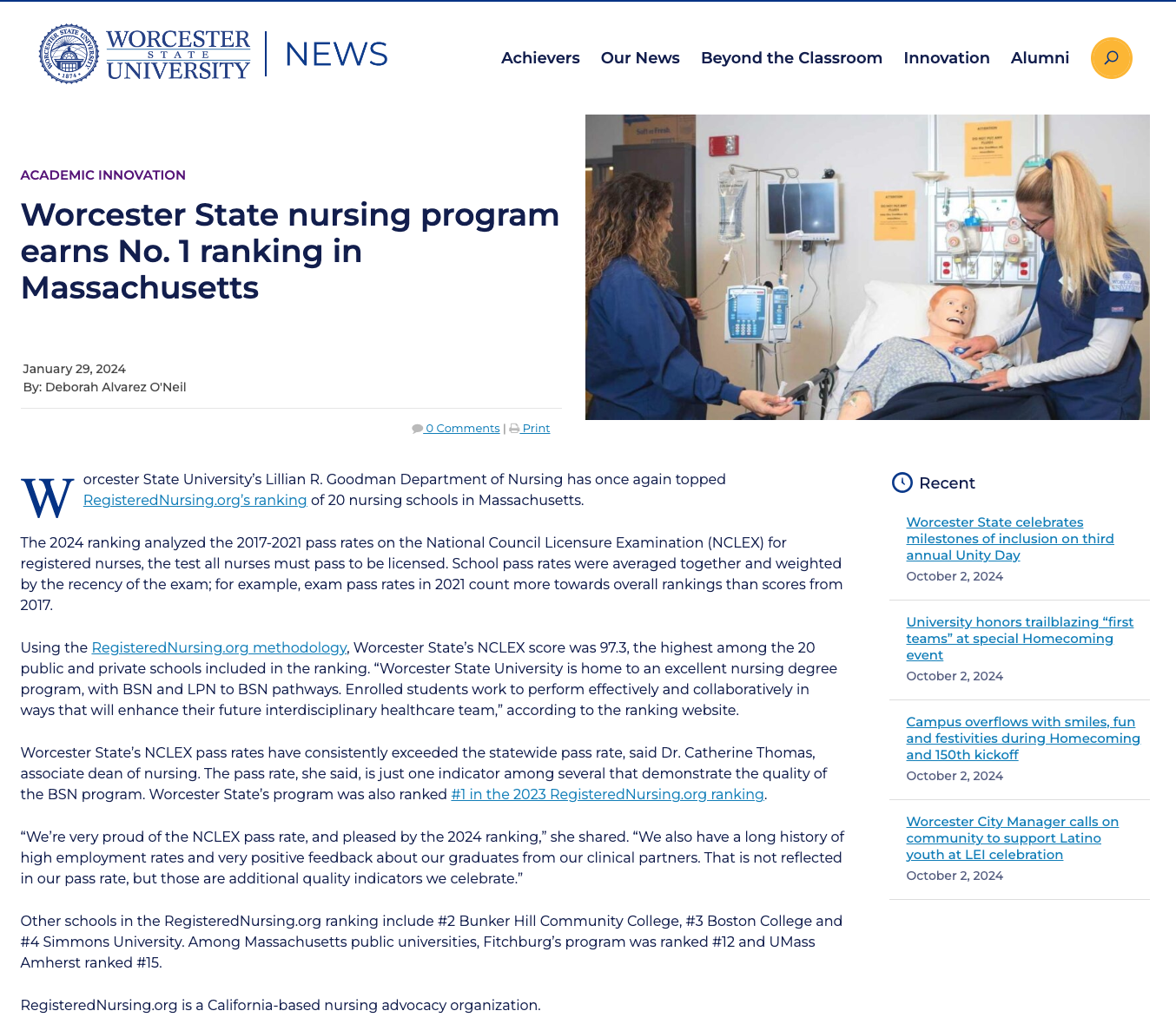 Screenshot of a Worcester State University news article about their nursing program earning a No. 1 ranking in Massachusetts, featuring an image of medical professionals in a clinical setting.