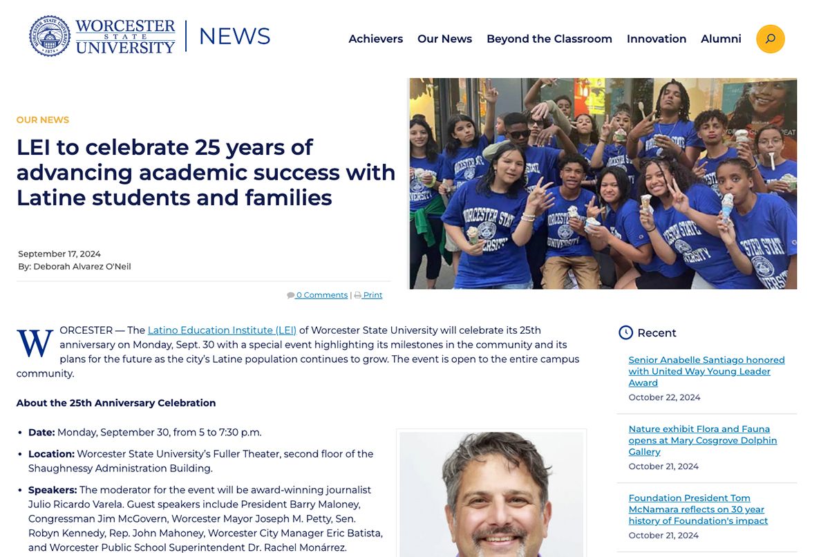 Screenshot of a webpage from Worcester State University News about the LEI's 25th anniversary. Includes image of a group of people in matching shirts and a featured speaker profile.