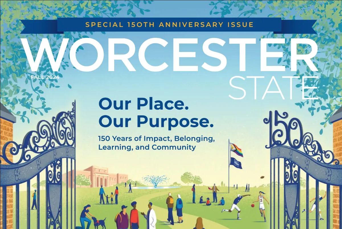 Cover of Worcester State magazine's 150th anniversary issue, featuring an illustration of campus gates, diverse people, trees, and flags under a bright sky.